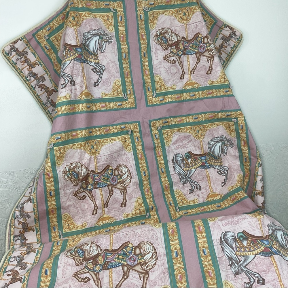 Handmade vintage lap quilt blanket carousel horses print 40.5” x 37”
